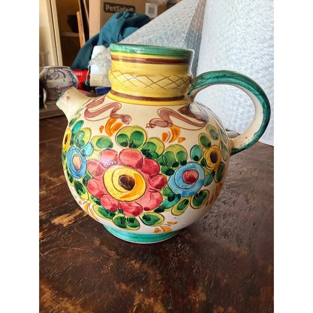 Italy Ceramic Pitcher 6in Multicolor Good Hand Painted Floral Majolica Folk Art